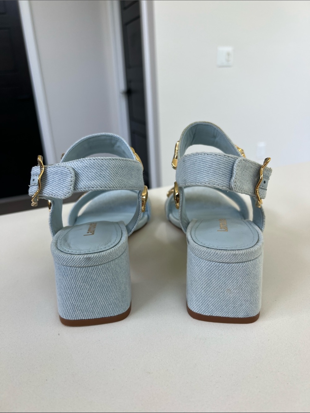 Larroude madison block light blue denim maya heels open toe sandals gold 6 - Picture 8 of 16